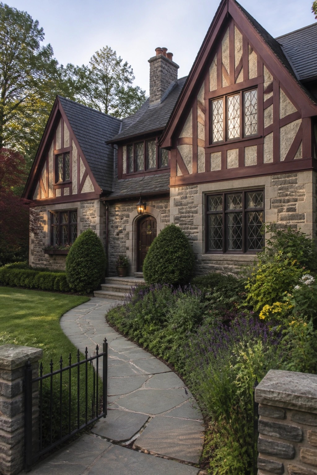 A gray stone house with burgundy half-timber framing, dark multi-pane windows, a lit arched entry, and a stone path through garden beds.