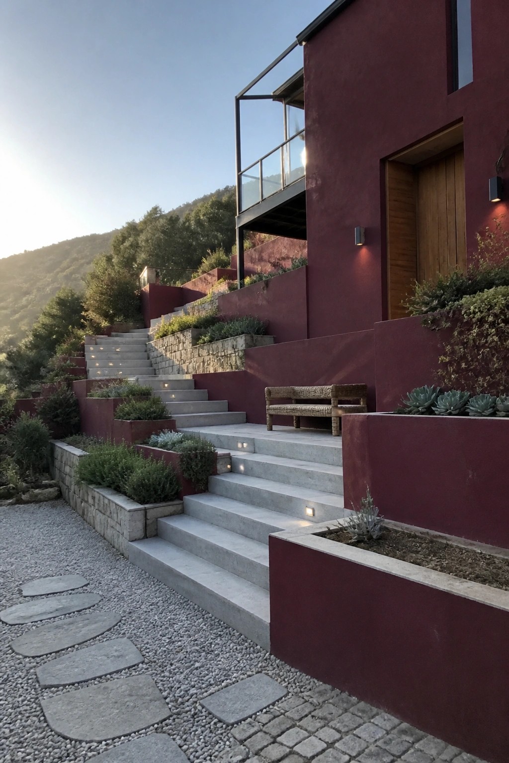 A burgundy house exterior with gray stone steps, planters, and retaining walls leading up from a gravel path.