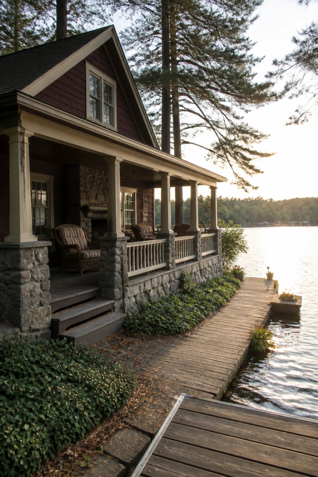 A burgundy house with gray stone foundation and columns stands beside a lake with a wooden dock.