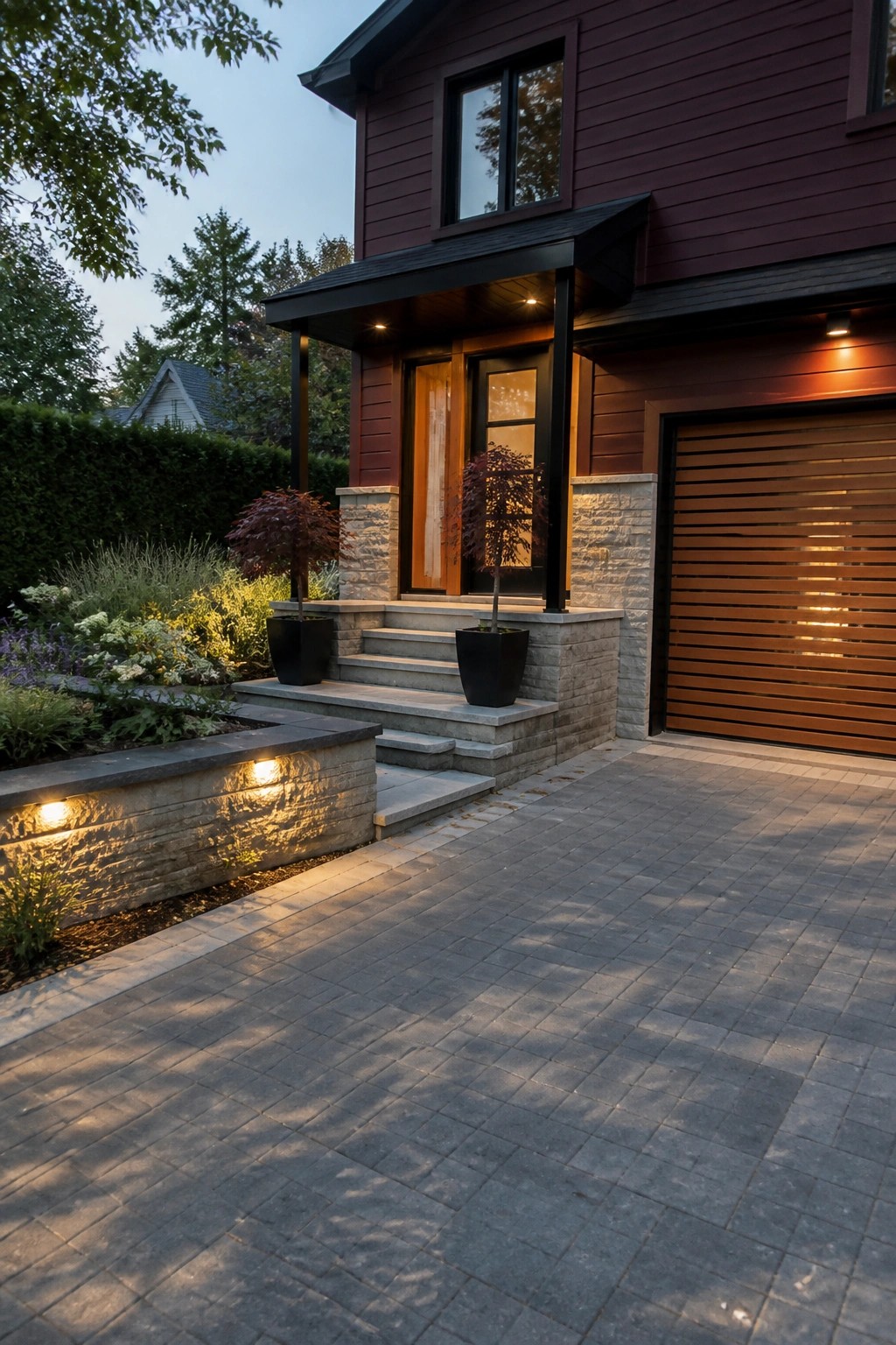 Modern house with dark red siding, wooden garage, stone porch, and lit garden.