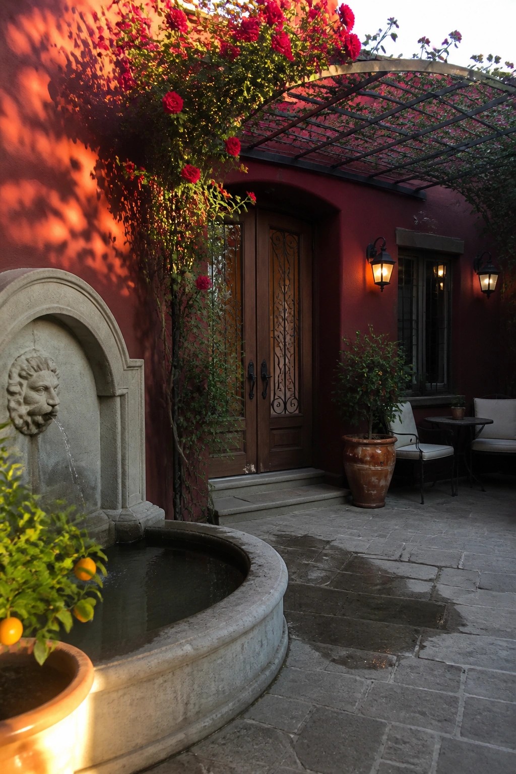 A burgundy exterior wall with an integrated gray stone lion head fountain, wooden double doors, climbing red roses, and a stone paved courtyard with potted plants.
