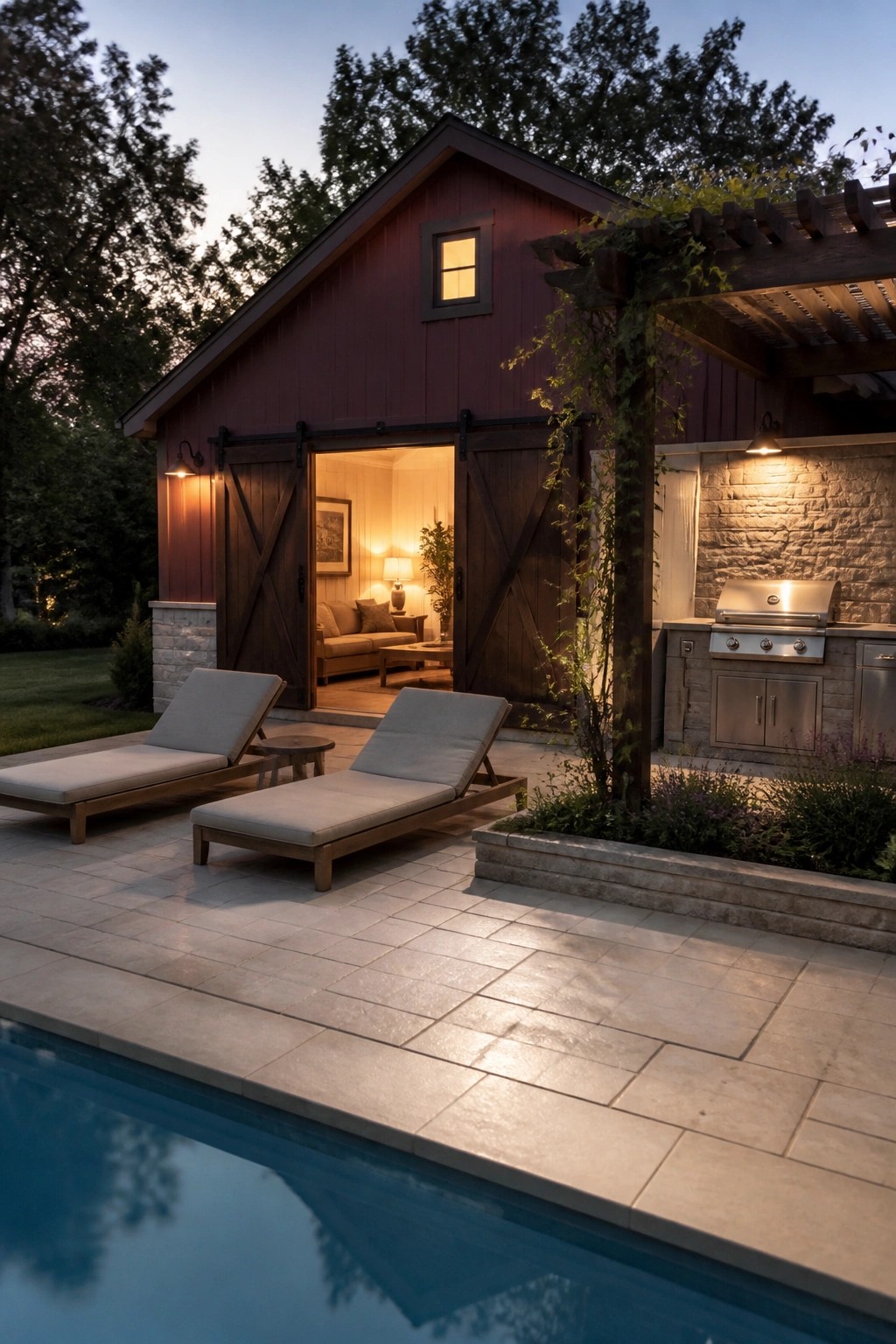 A burgundy house with dark wood barn doors and a stone base sits beside a stone outdoor kitchen with a grill, next to a pool and two lounge chairs on a paved patio.