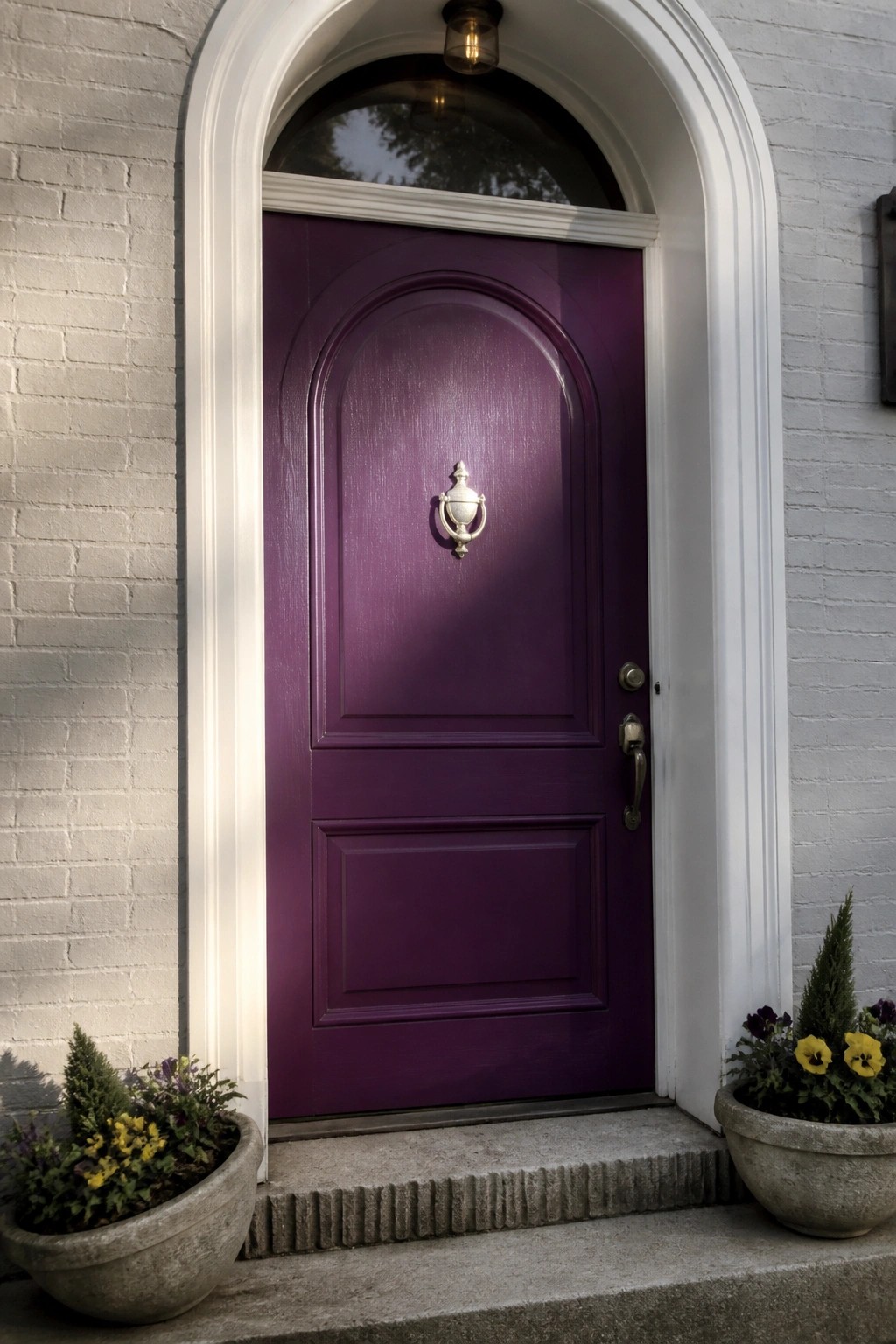 A purple arched door with white trim set into a white brick exterior wall, with two stone planters on the steps.