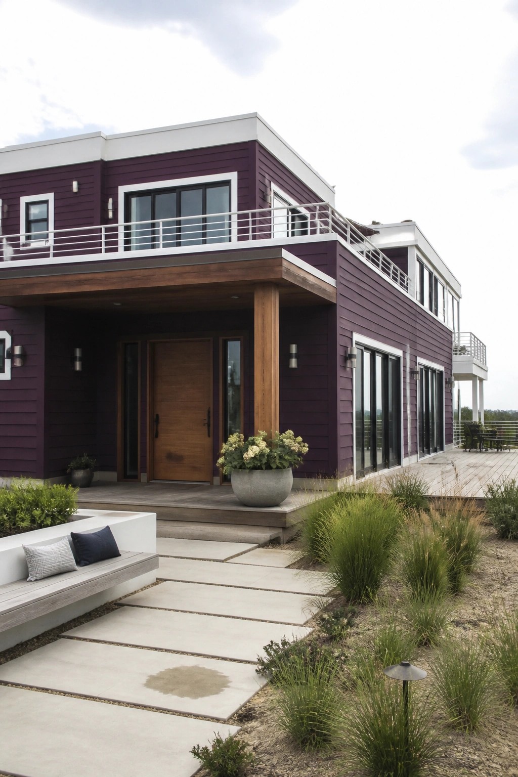 A modern two-story house with deep purple siding, white trim around windows and roof edges, a wooden front door, and a covered entry porch.