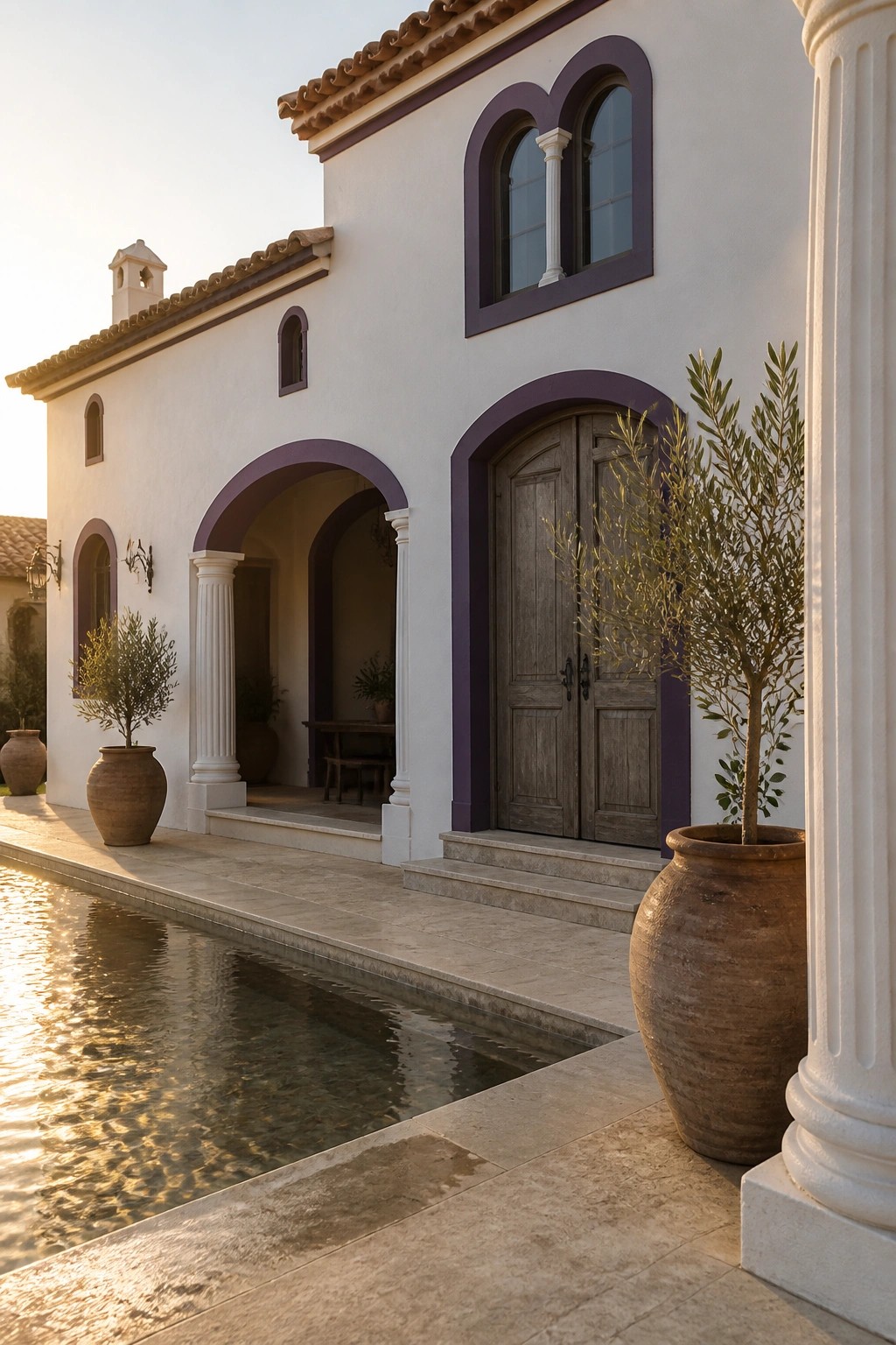 A white stucco house exterior with deep purple trim around arched openings and a double wooden door, next to a long reflecting pool and large terracotta pots.