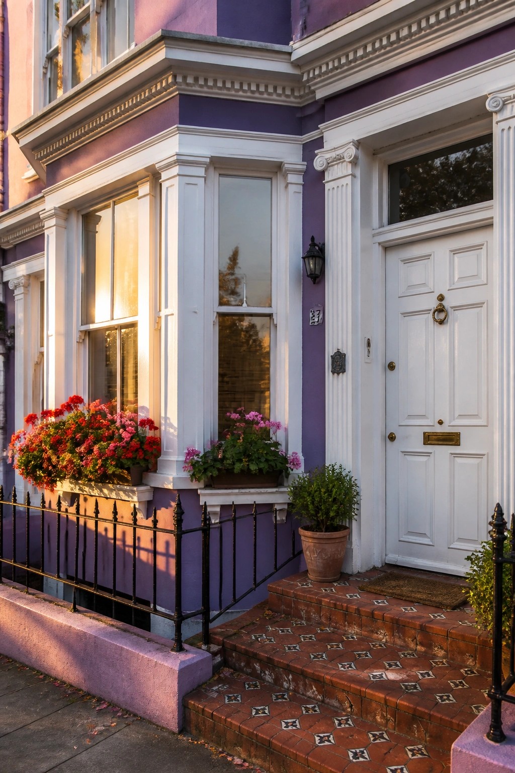 Purple house with white door, red flower boxes, potted plants, and tiled brick steps.