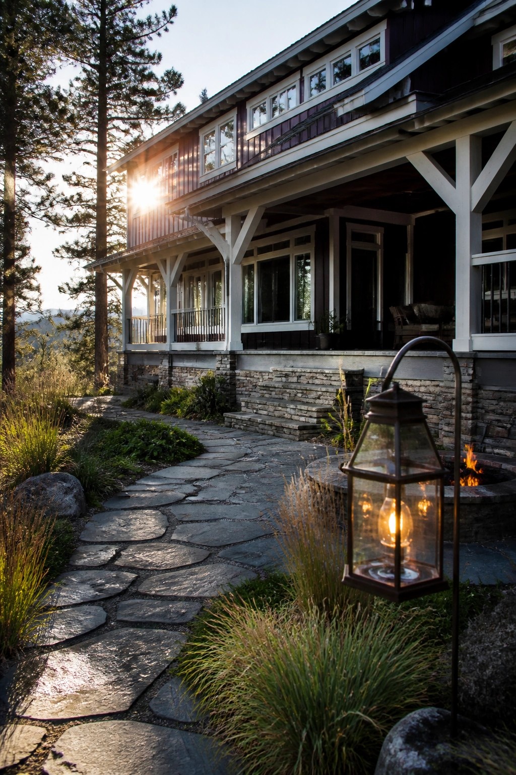 Rustic wooden house with porch, stone path, glowing lantern, and fire pit at sunset.