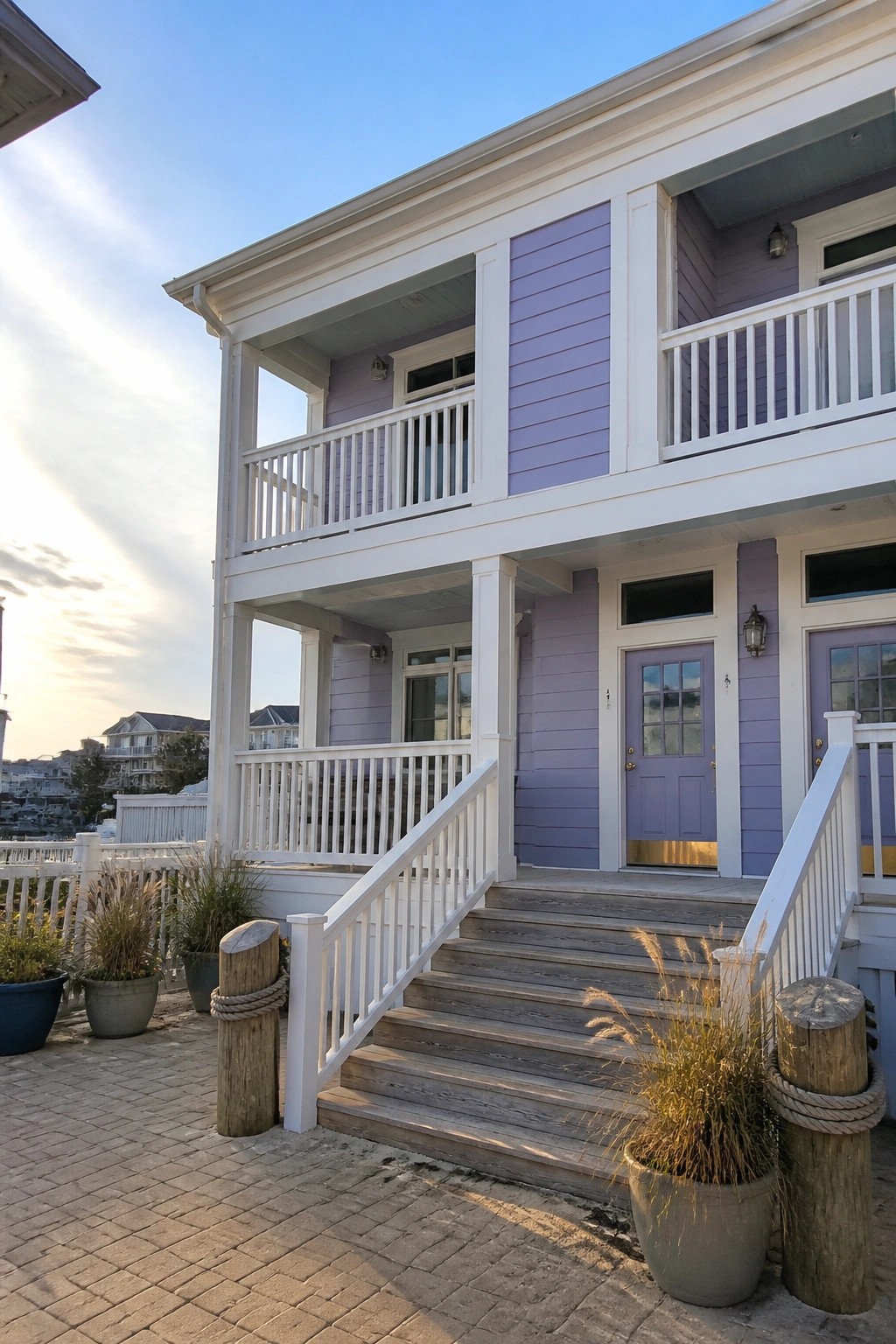 Purple two-story house with white trim, balcony, wooden stairs, and potted plants.