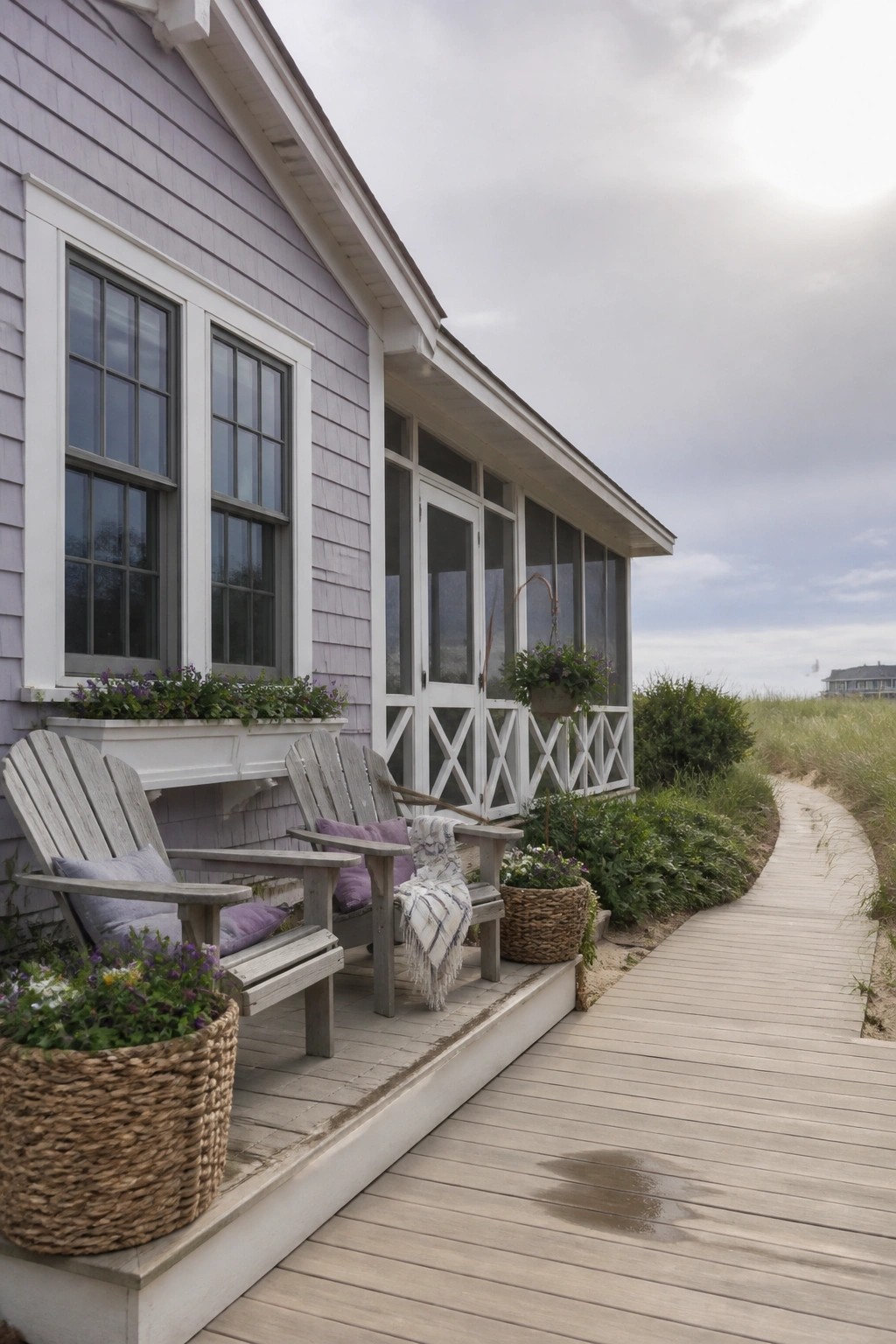 Lavender beach house porch with Adirondack chairs, flowers, and wooden boardwalk to dunes.