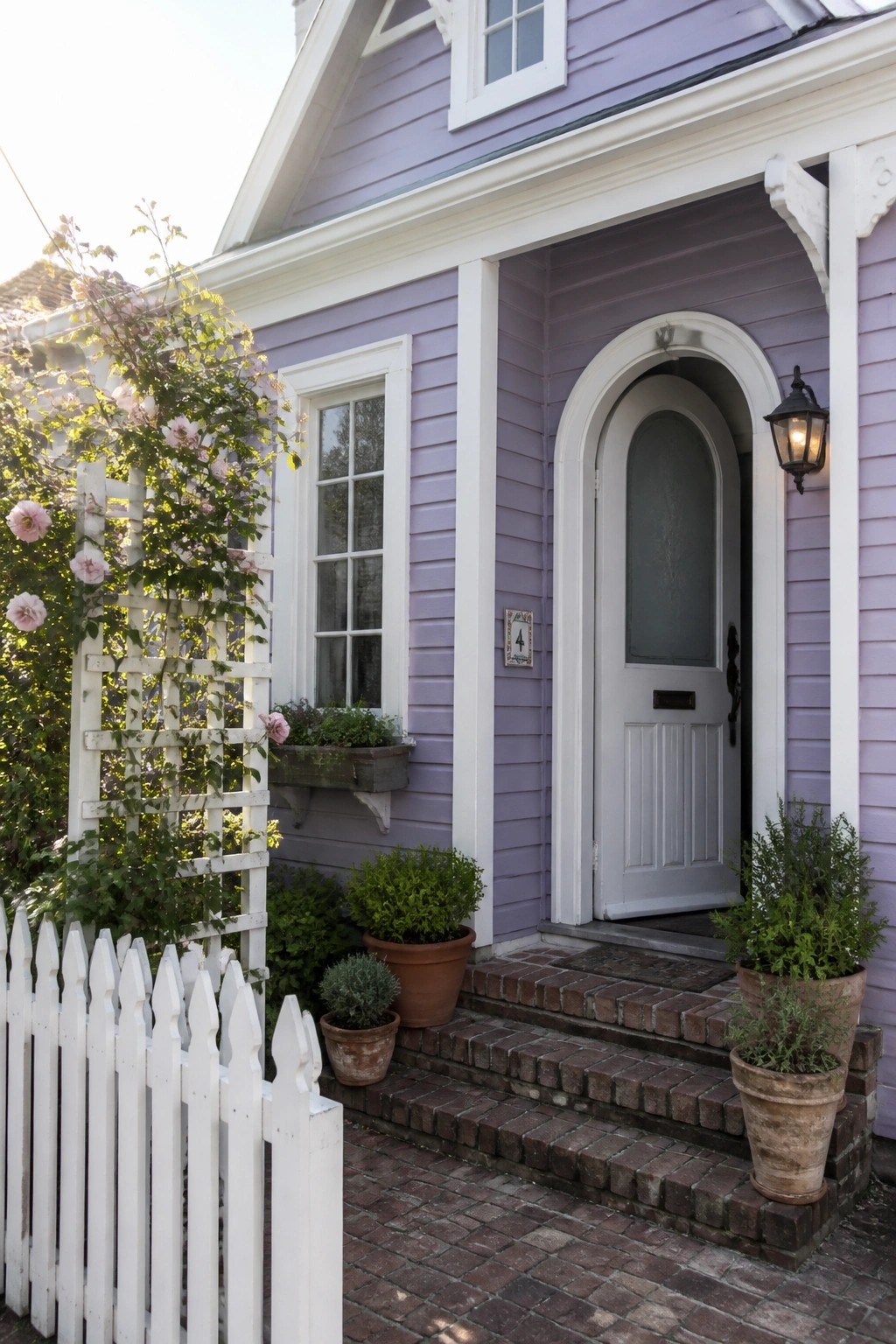 A lavender purple house exterior with white trim around an arched front door and window, brick steps, potted plants, and a white trellis with roses beside a picket fence.