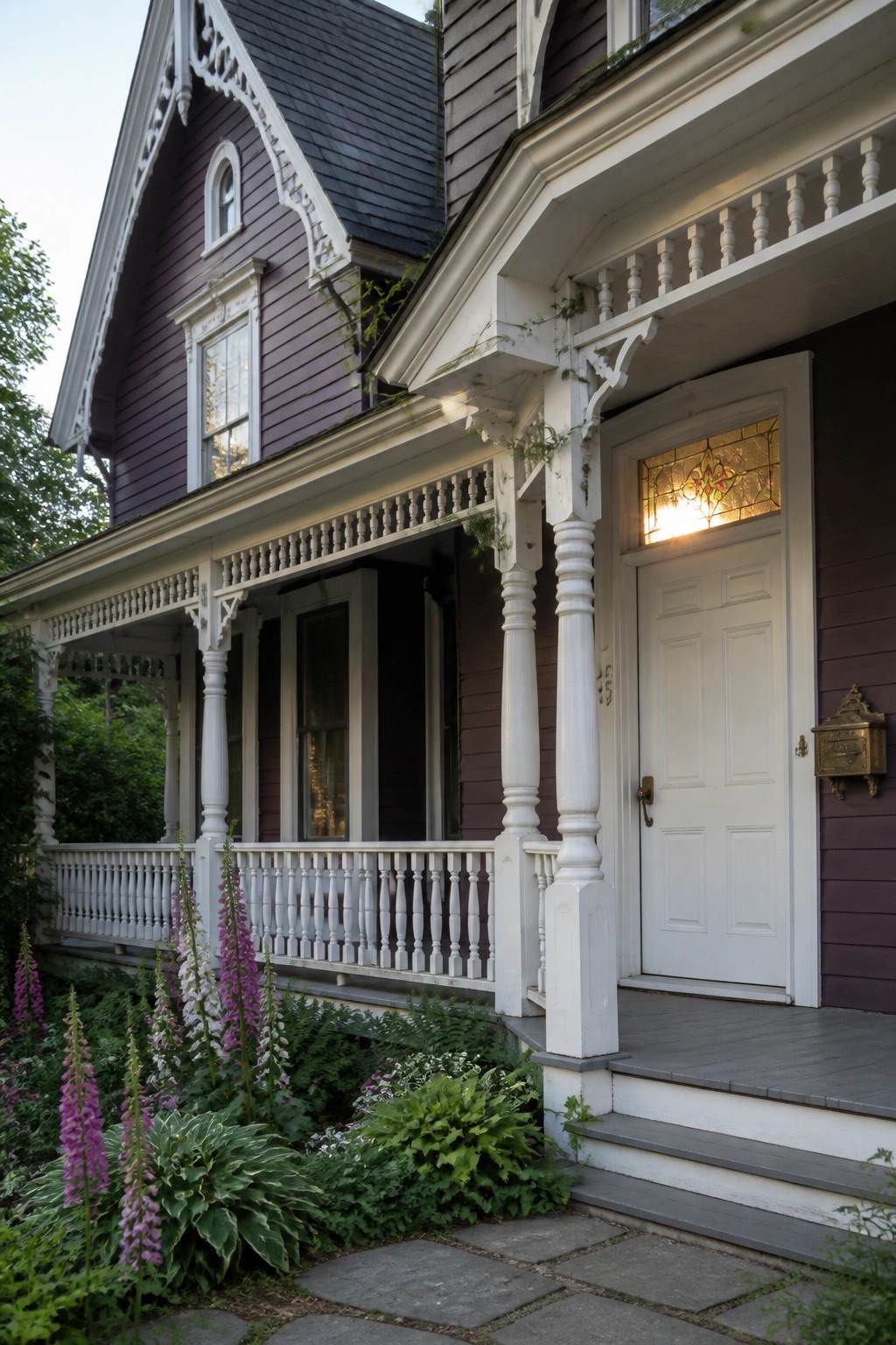 A purple house with white trim, a wraparound porch, columns, and a white front door with stained glass.
