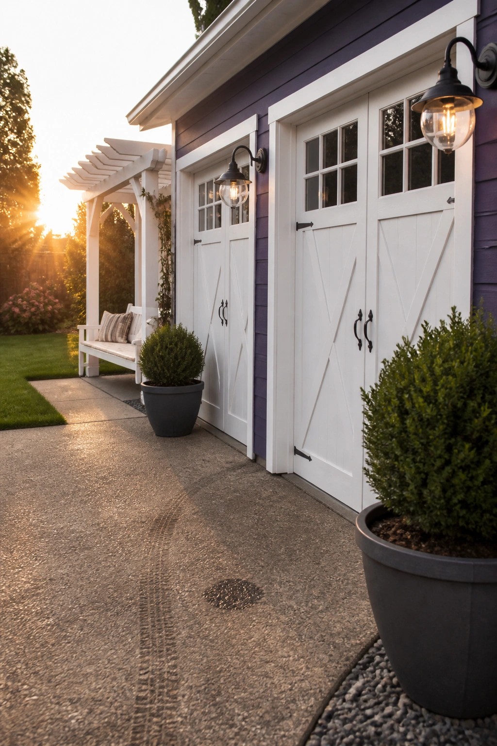 A purple house exterior with white-trimmed garage doors, black wall sconces, and potted shrubs along a concrete driveway.