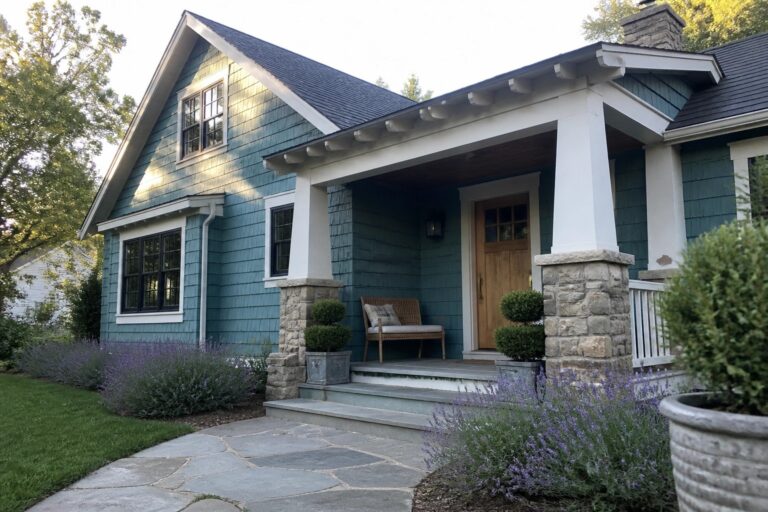 24 Textured Teal House Exterior Ideas Using Cedar-Shake Siding A two-story house with teal cedar shake siding, white trim, a wooden front door, stone porch pillars, and steps leading to a slate path.