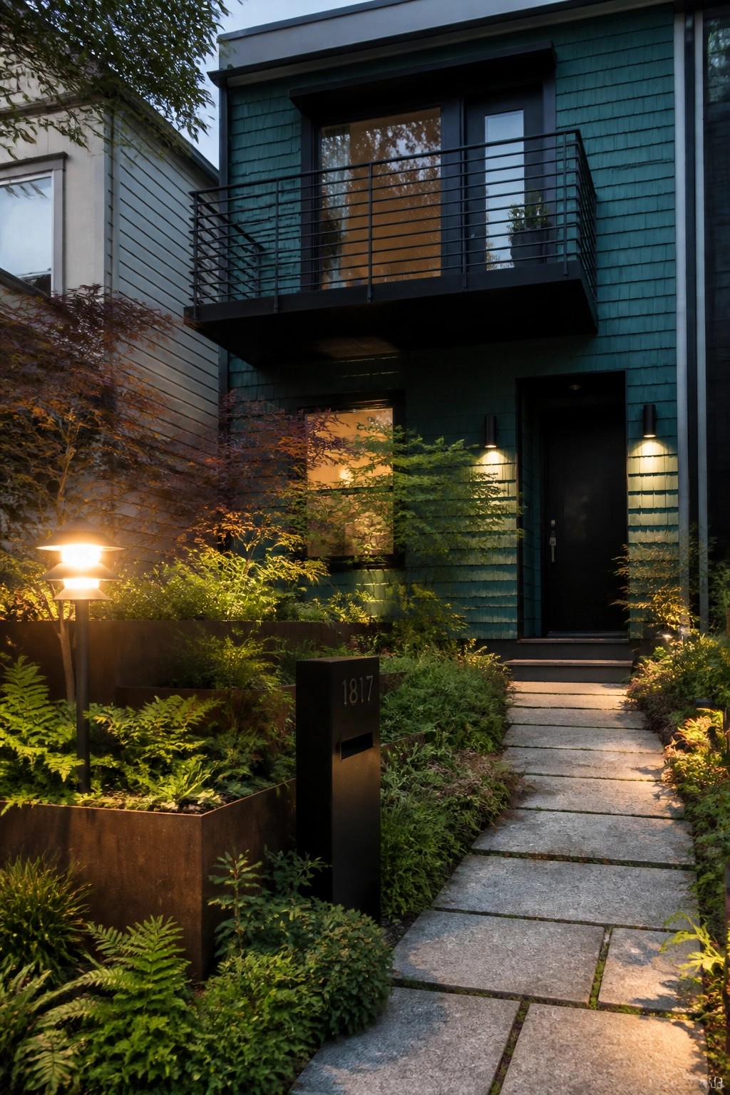Modern teal house with balcony, stone path through lush illuminated garden at dusk