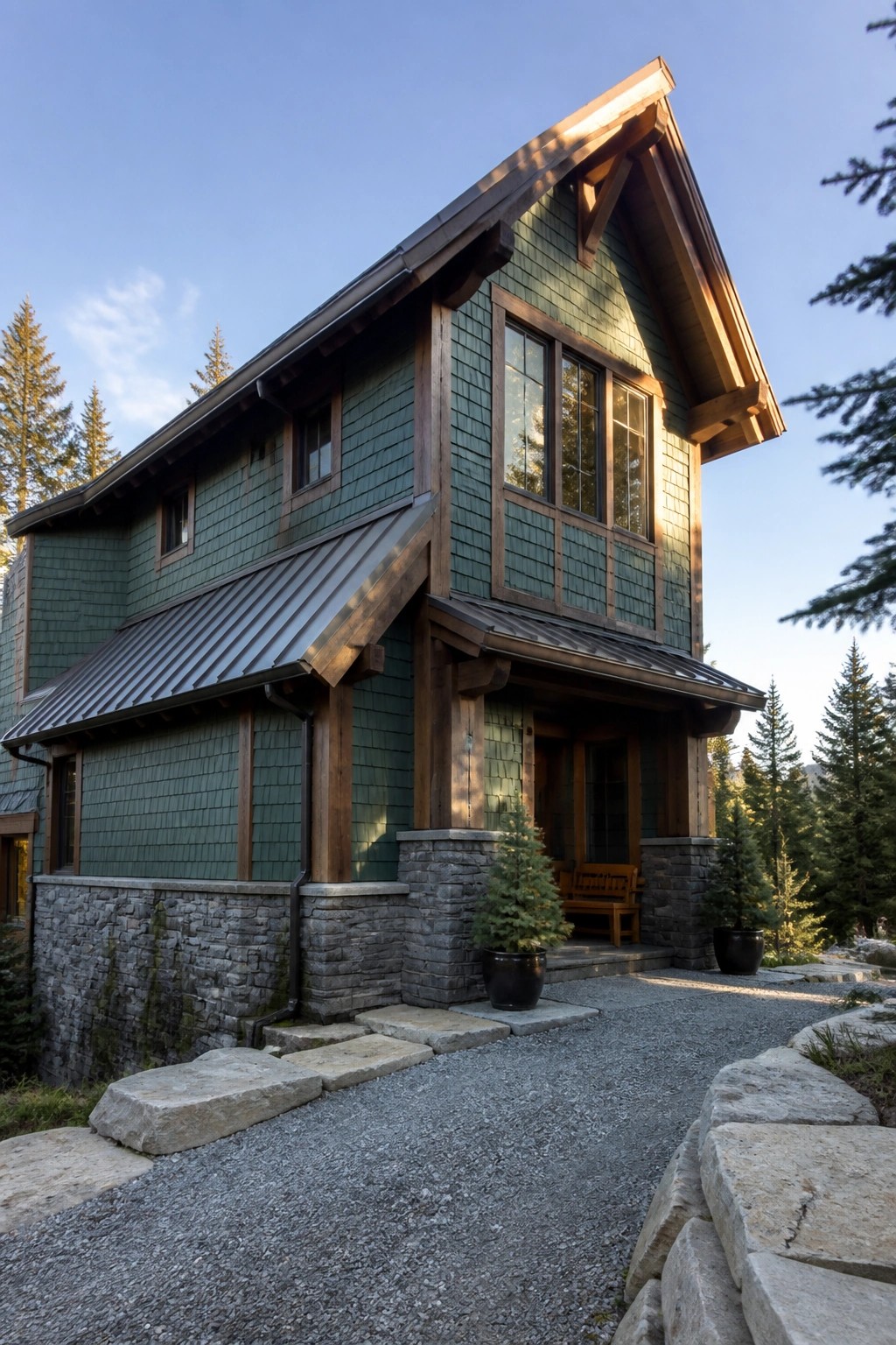 A two-story house with teal cedar-shake siding on the upper portion, a stone foundation, wooden trim, and a gravel driveway in front.