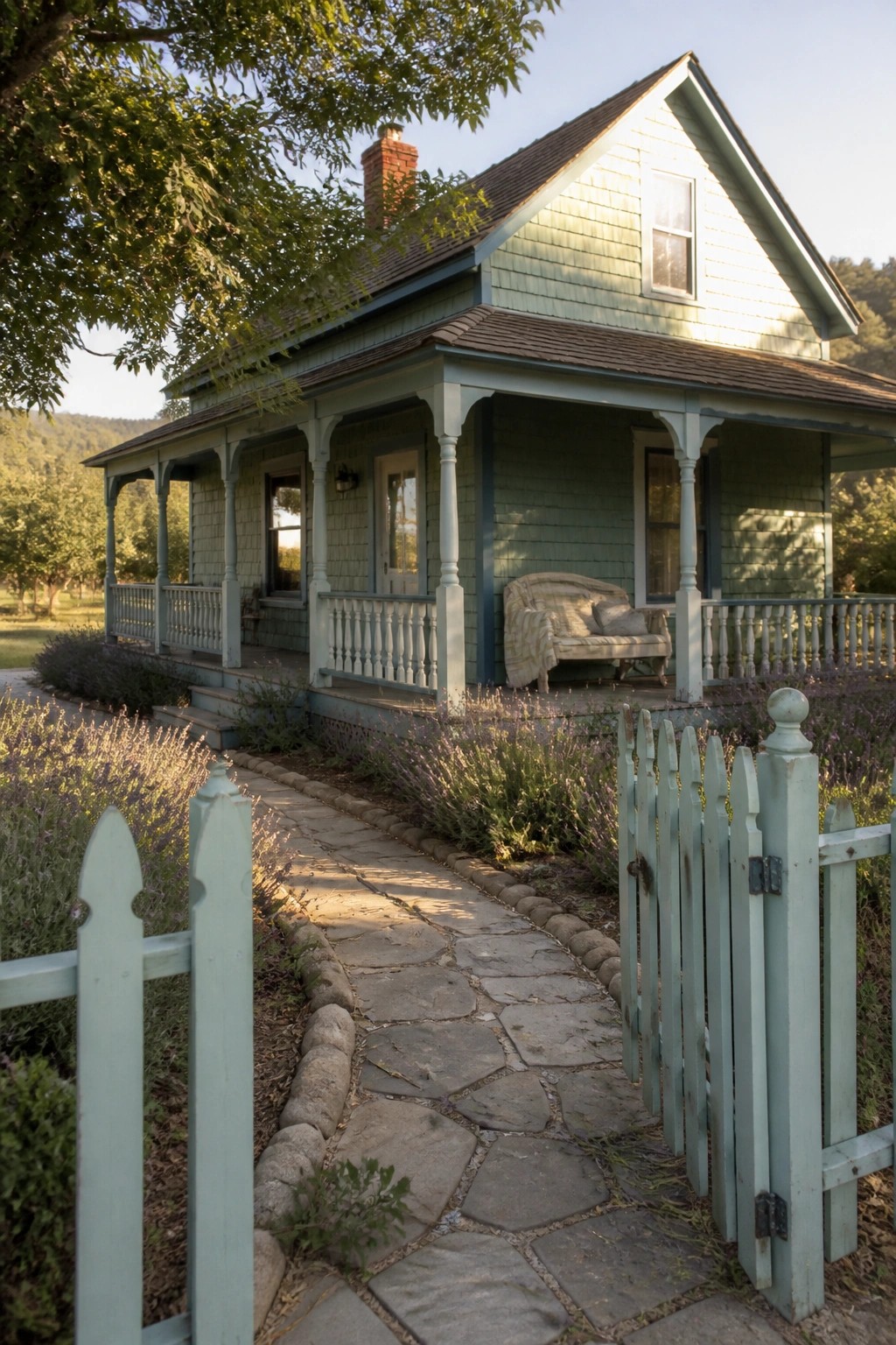 A teal cedar shake sided house with a front porch, stone pathway, and light blue picket fence in front.