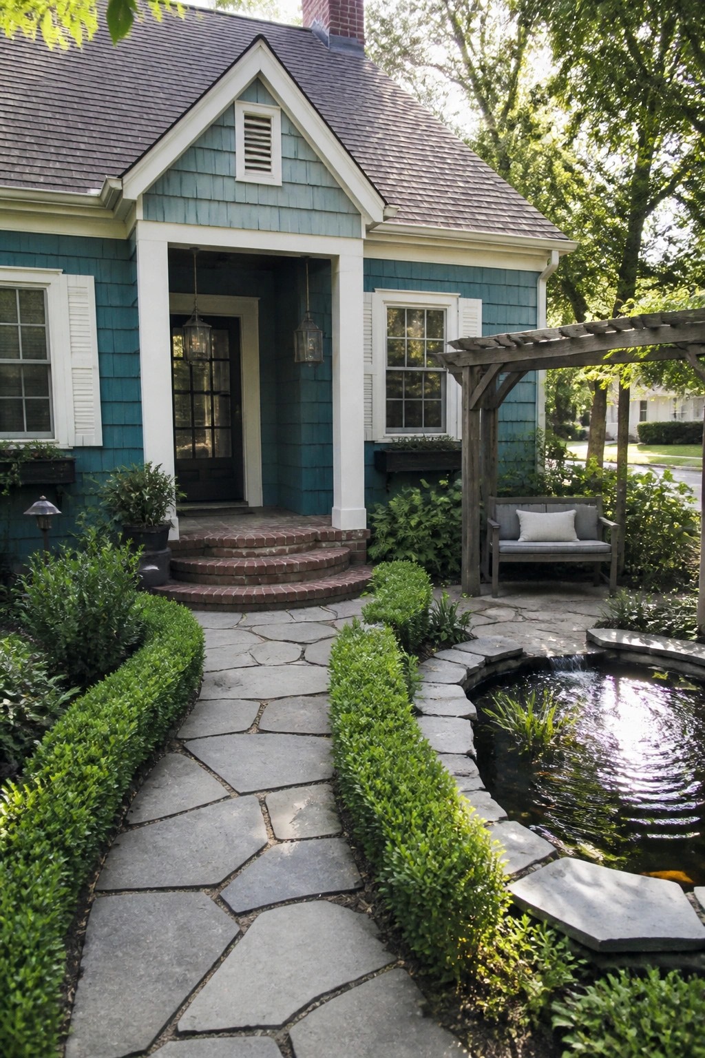 A teal cedar-shake sided house exterior with white trim, brick steps, a stone pathway, and a small pond beside a wooden pergola.