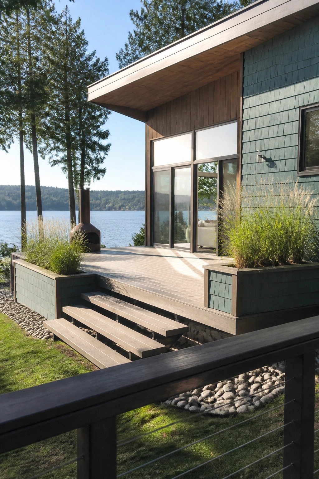 A modern house with teal cedar shake siding, a large wooden deck, and tall windows facing a lake.