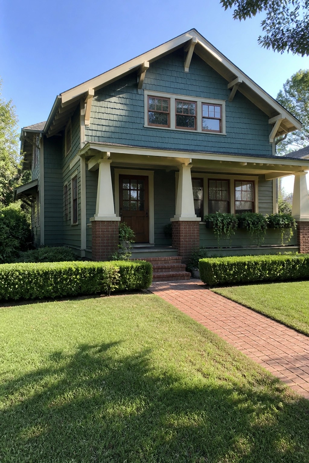 A two-story house with teal cedar shake siding, a covered front porch with white columns and brick bases, and a brick walkway leading to the door.
