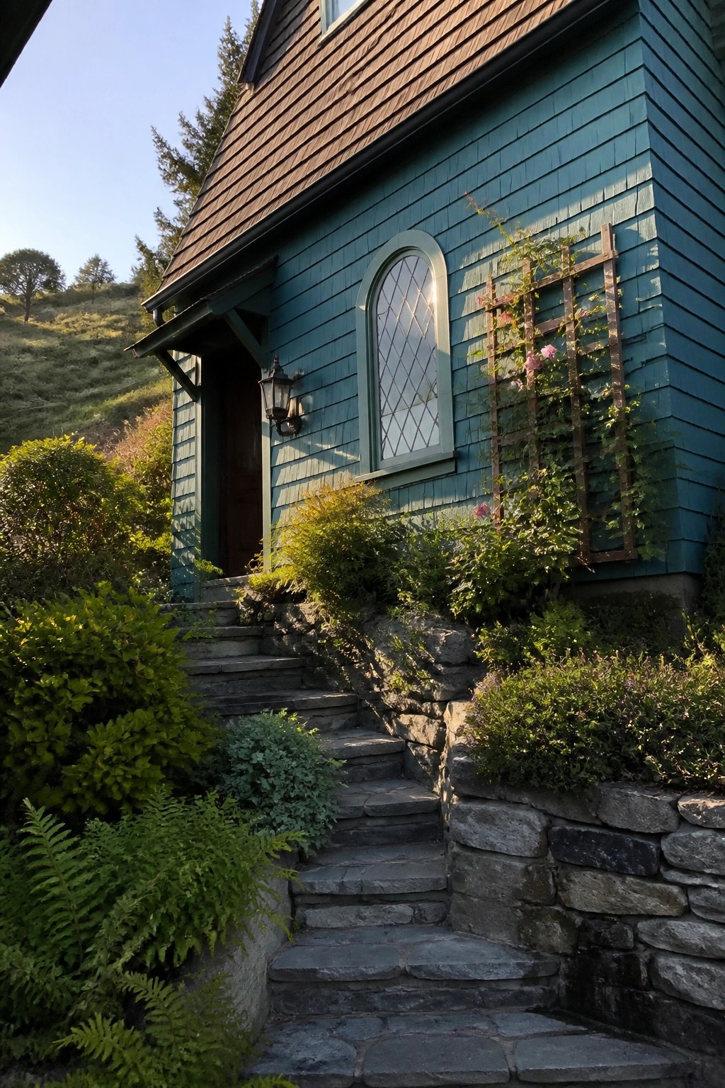 A teal cedar shake sided house exterior with an arched window, stone steps, and a climbing rose trellis beside the entrance.