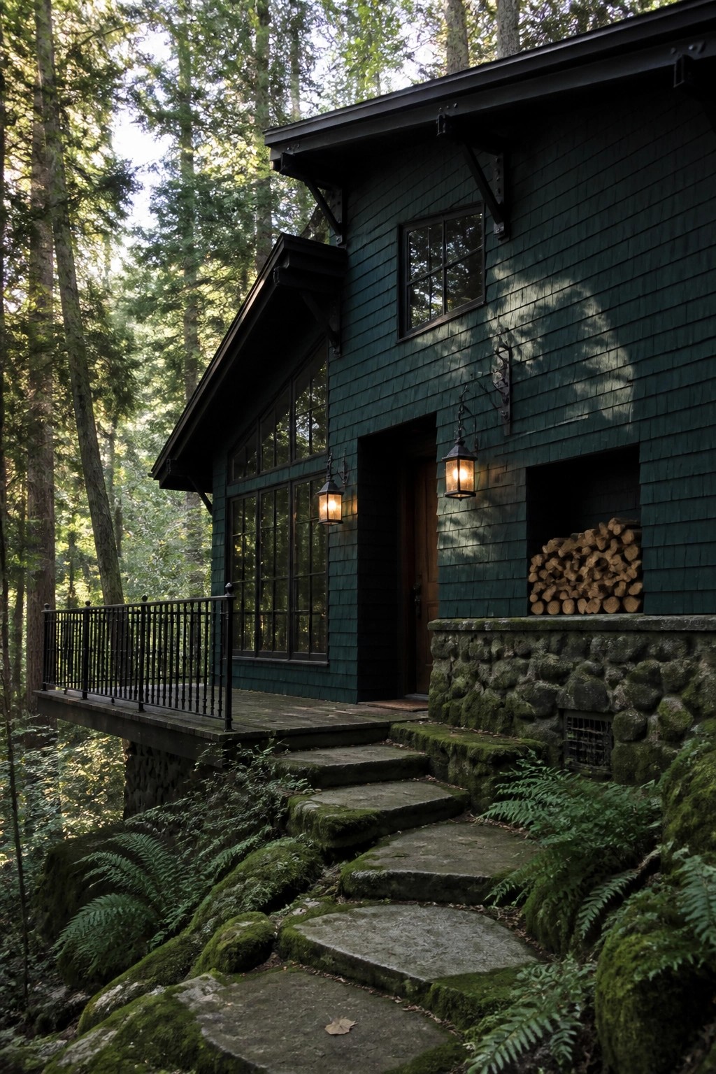 Dark green shingled cabin in forest with mossy stone steps and glowing lanterns