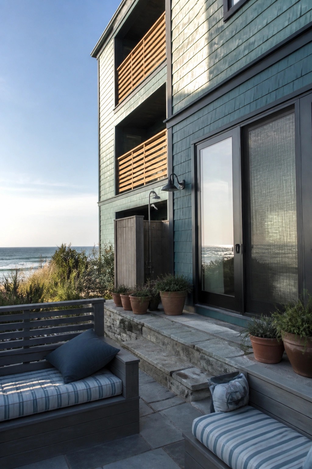 A multi-story house with teal cedar shake siding, dark-framed glass doors, wood balcony railings, and a stone patio with seating next to the ocean.