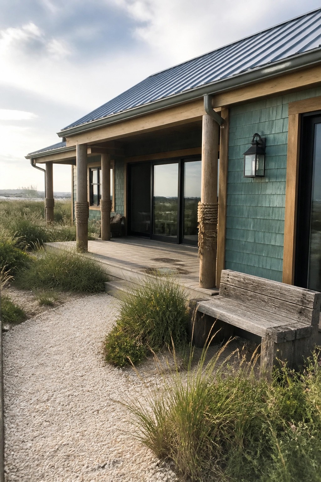 Weathered bench on gravel path by teal-shingled house porch with rope-wrapped posts