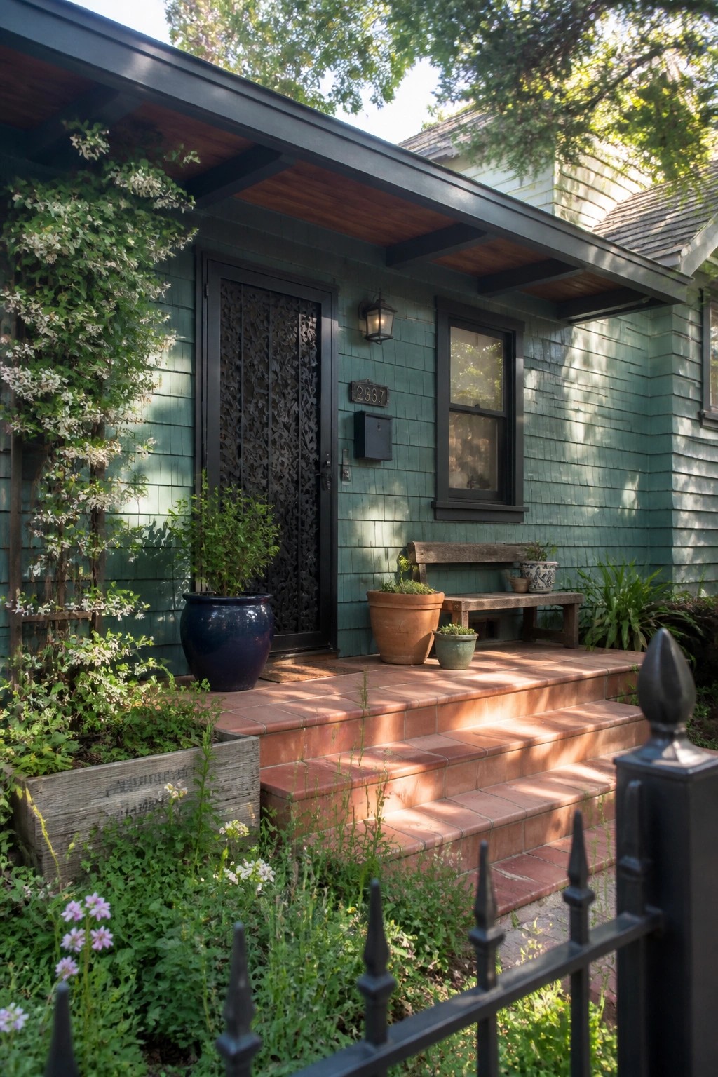 Teal house with ornate black door, brick steps, potted plants, wooden bench, and garden.