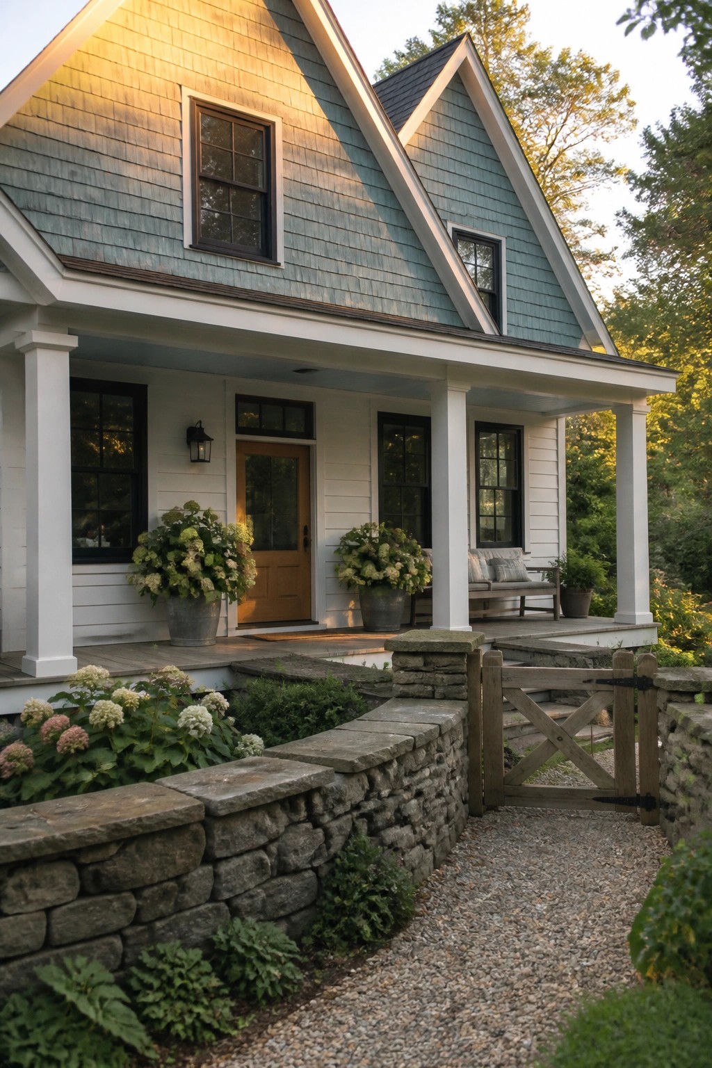 A teal cedar-shake house with white trim, a wooden door, and a stone wall along the gravel path.