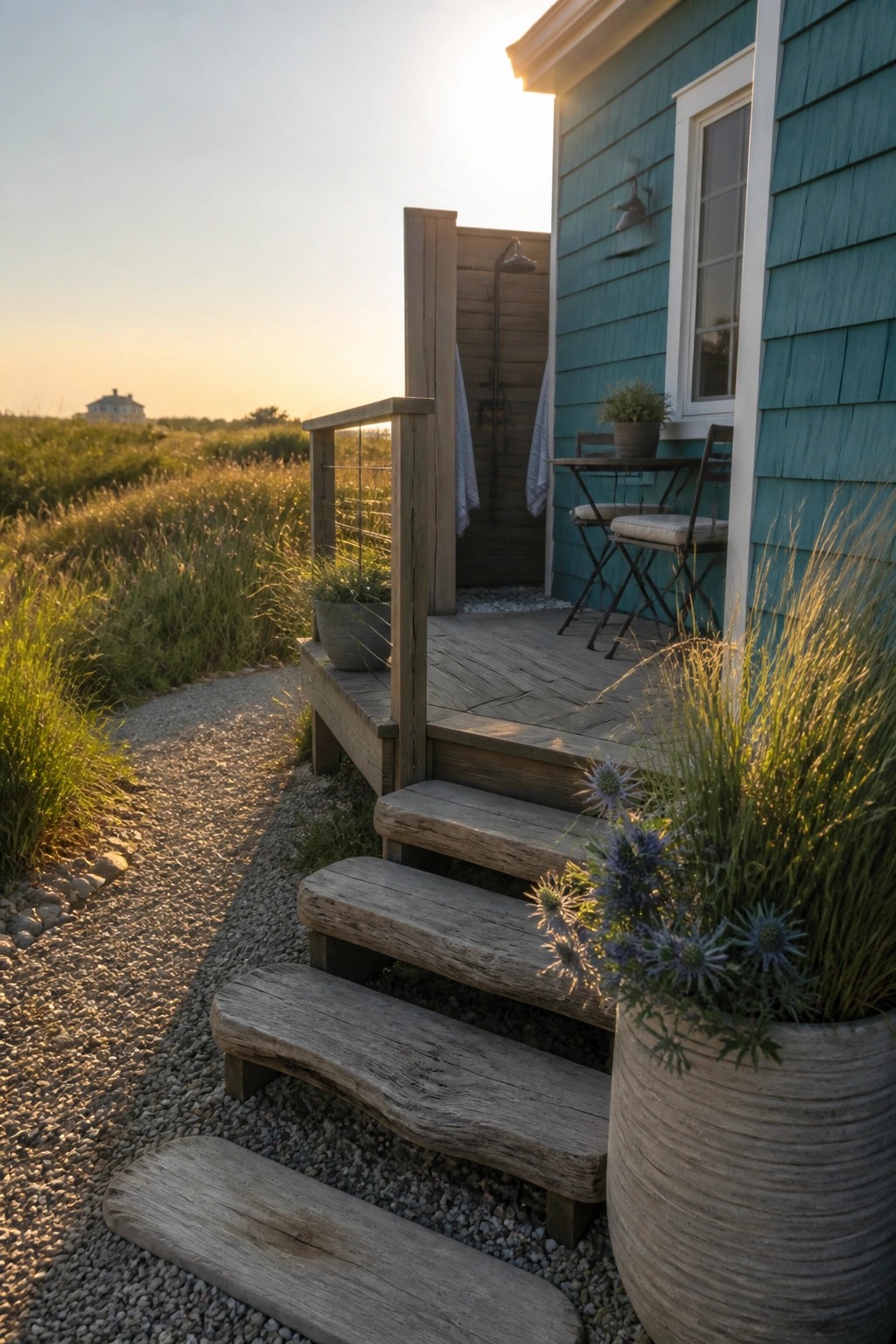 A teal cedar shake house exterior with wooden deck, stairs, and an outdoor shower area at sunset.