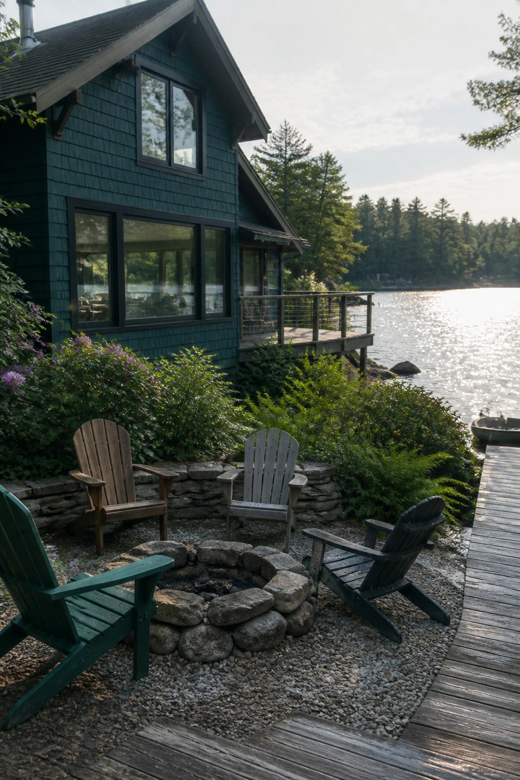 A teal cedar shake house exterior with windows, a wooden deck over the water, and Adirondack chairs arranged around a stone fire pit.