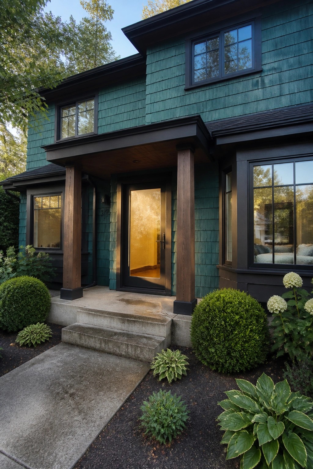 A two-story house with textured teal cedar shake siding, dark trim, wooden porch columns, concrete steps, and green shrubs in the front yard.