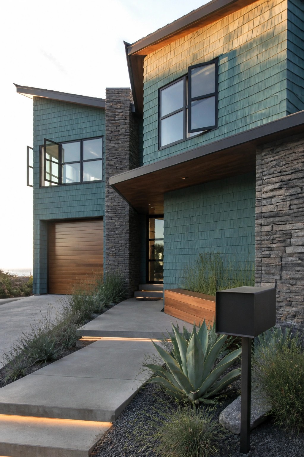 Modern two-story house exterior featuring teal cedar shake siding, stacked stone accents, a wood garage door, and a concrete entry path with agave plants.