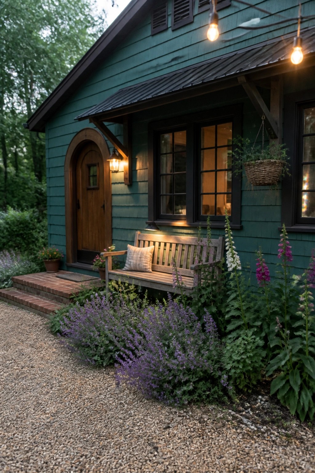 A teal cedar-shake house exterior featuring an arched wooden door, black-framed windows, a wooden bench under the porch, and garden beds with purple flowers.