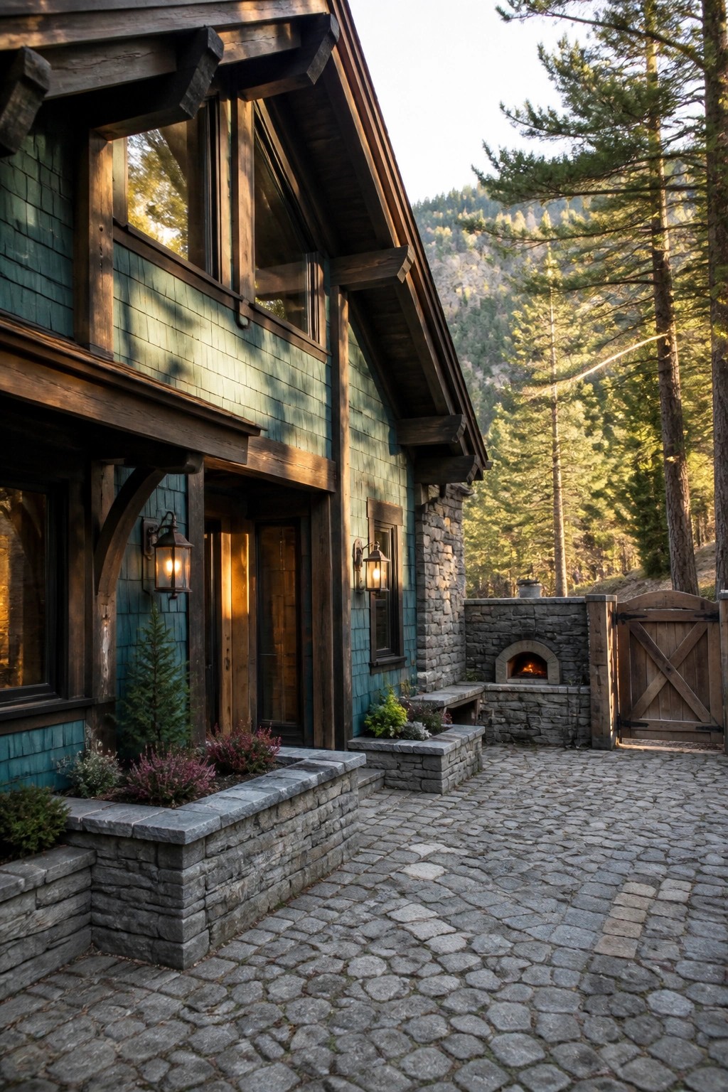 A two-story house exterior featuring teal cedar shake siding, dark wood trim, stone accents, lit lanterns, and a cobblestone driveway beside a stone outdoor oven.