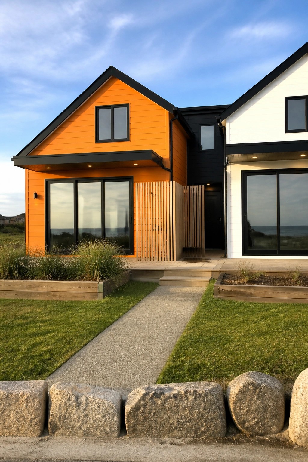 A modern two-story house with bright orange siding, black trim, and large windows sits beside a white section, with a concrete path, grass, and stone edging in front.
