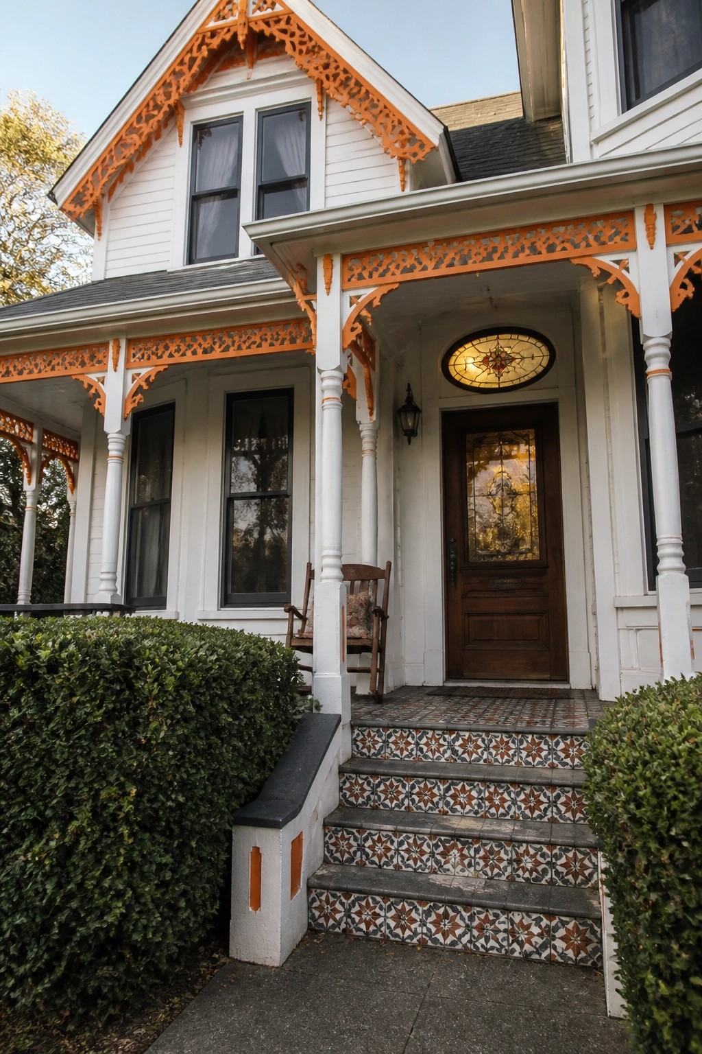 White Victorian house with bright orange trim on the gables, porch, and columns, plus a stained glass door and patterned tile steps.