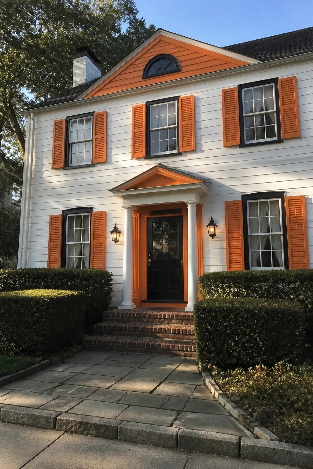 A two-story white house exterior with bright orange shutters, trim, and pediment above a black door, brick steps, and trimmed green hedges.