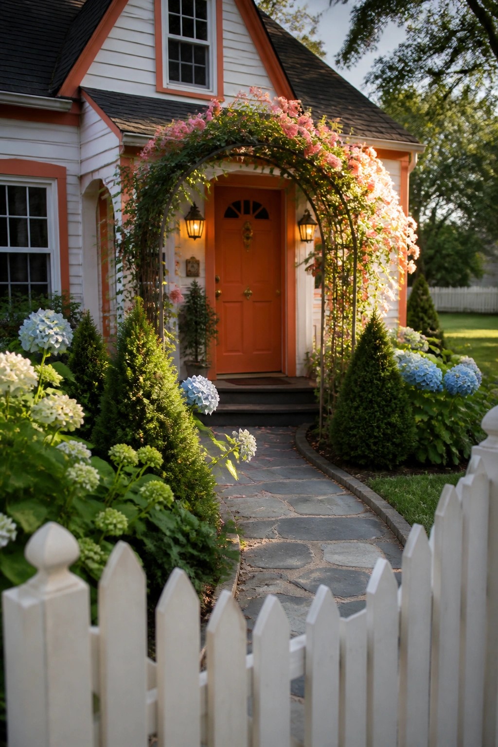 White cottage with orange door under pink rose arch beside blooming hydrangeas.