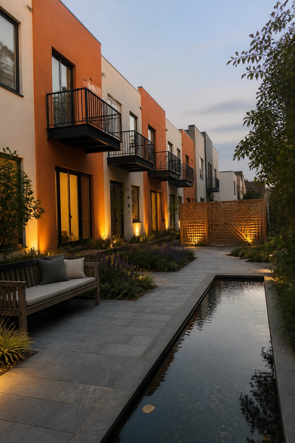 Modern townhomes with bright orange and off-white exteriors, black balconies and window frames, a long narrow water feature, and paved walkway with garden beds.
