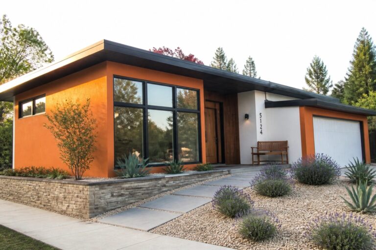 A modern single-story house with bright orange exterior walls, black window frames, a flat black roof edge, white garage door, and concrete steps leading to a wooden front door.