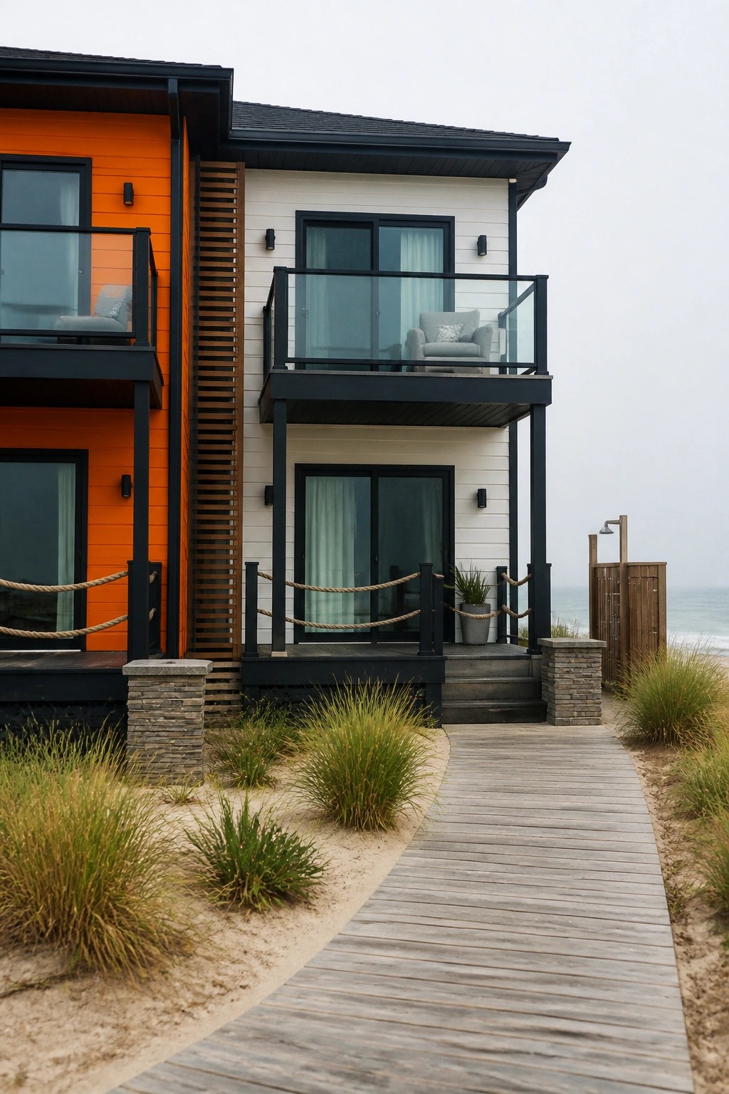A modern two-story beach house with bright orange and white siding, black trim around windows and balconies, and a wooden boardwalk leading across sand dunes to the entrance.