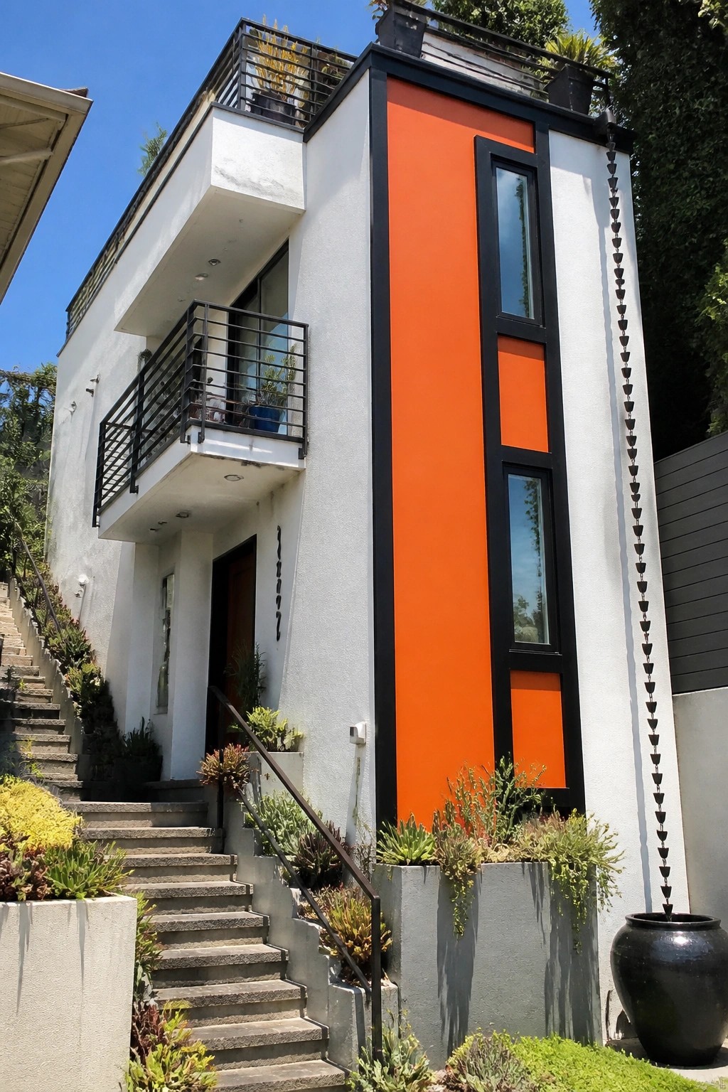 A modern two-story house exterior with white stucco walls and a tall bright orange section framed by black trim, a small balcony on the left, and concrete stairs leading to the entrance.