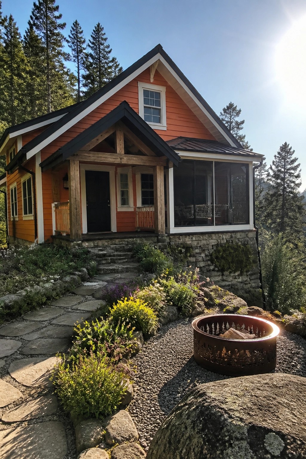 Orange wooden cabin with stone foundation, fire pit, garden path, and pine trees.