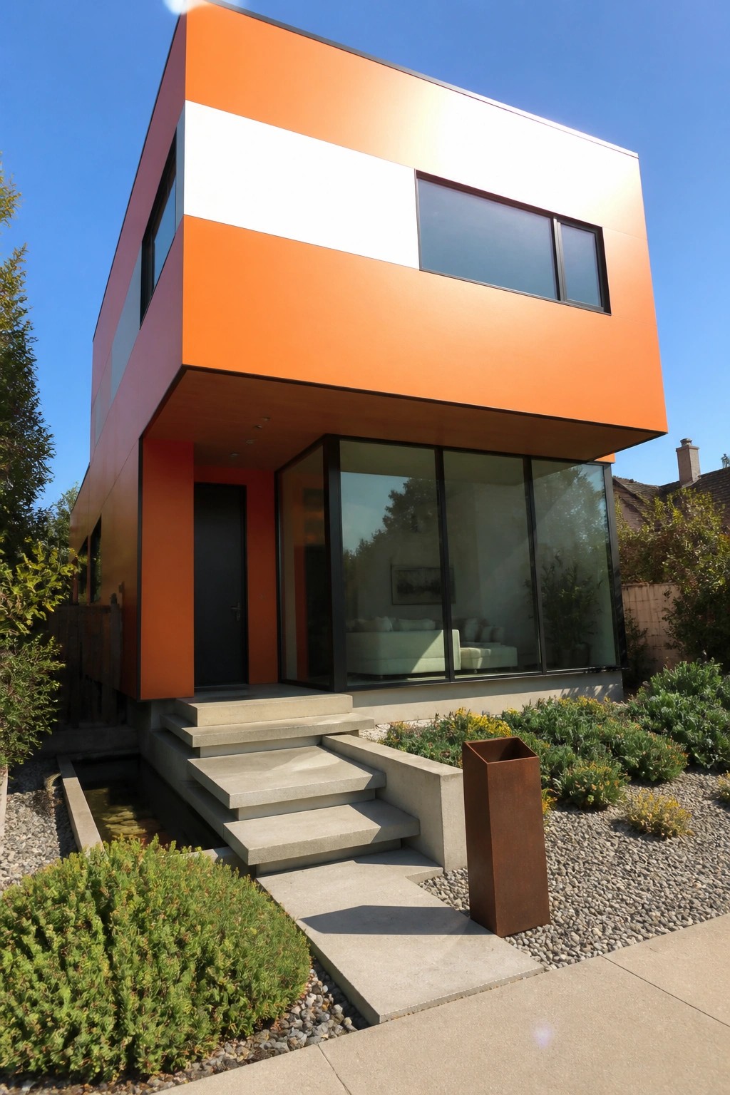 A modern two-story house with bright orange panels, a white horizontal band, black window frames, and concrete steps at the entrance.