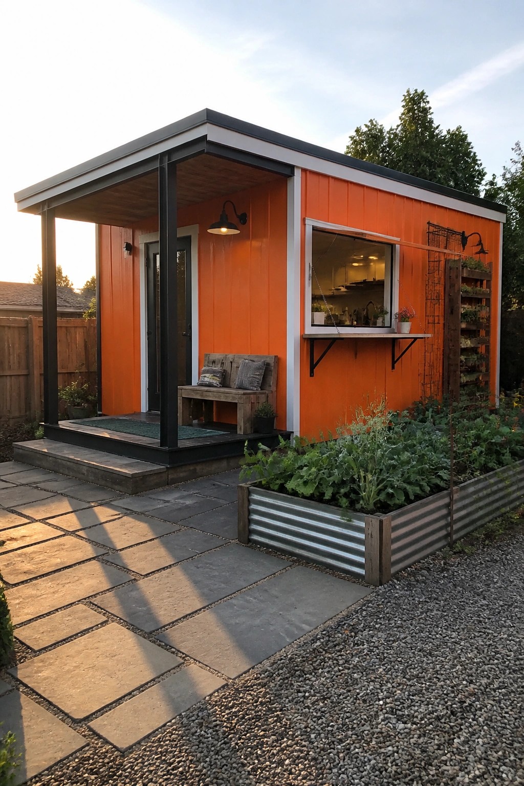 A small bright orange building with black trim framing the porch and windows, white roofline accents, an open service window, and raised garden beds in front.