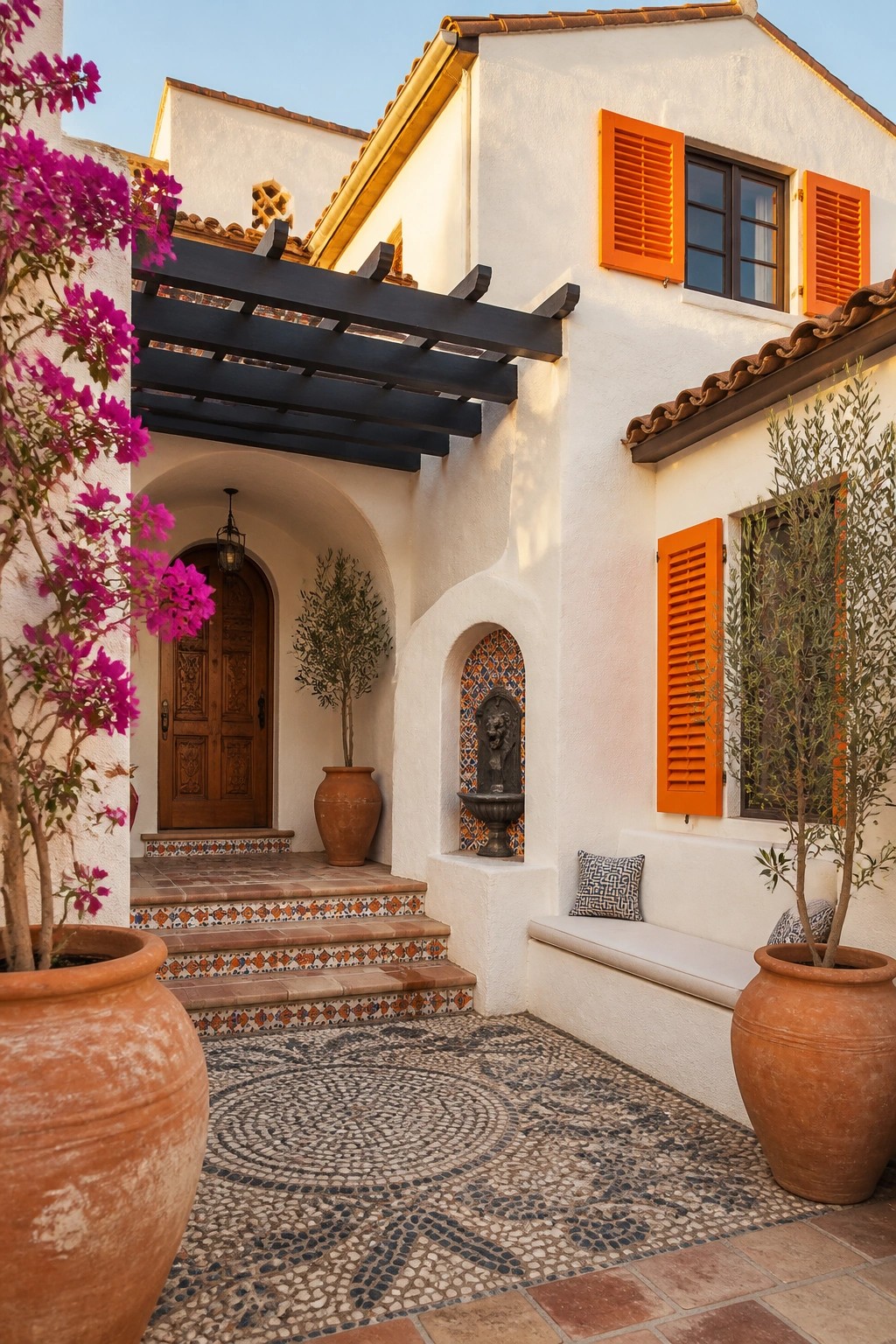 A white stucco house exterior with bright orange shutters, a wooden door under a dark pergola, and a mosaic-tiled courtyard with terracotta pots.