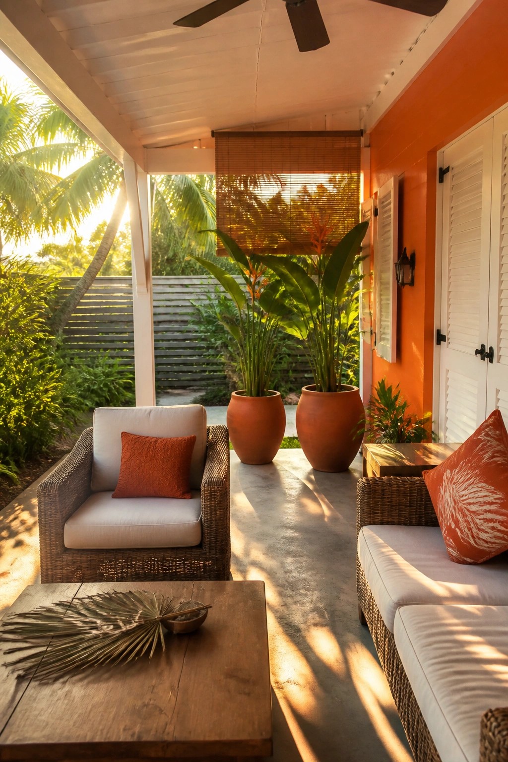 A covered porch with wicker seating, terracotta pots with large plants, a wooden coffee table, and an orange wall with white louvered doors and shutters.