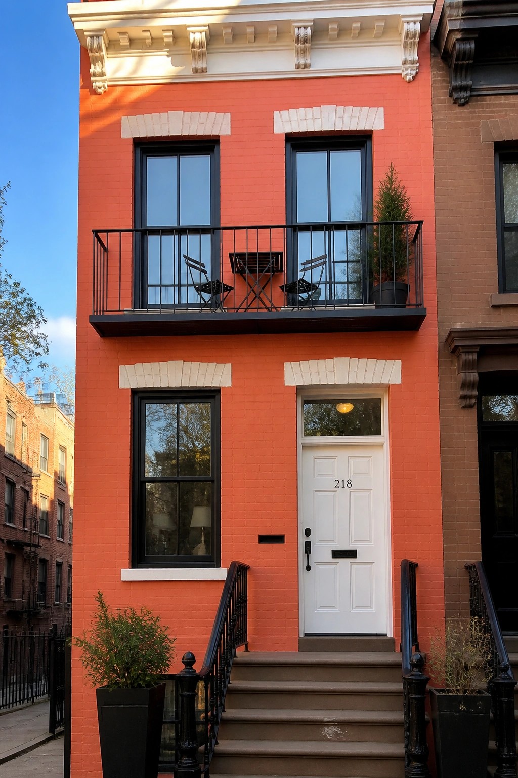 Orange brick townhouse with white door 218, black balcony, and stone steps.