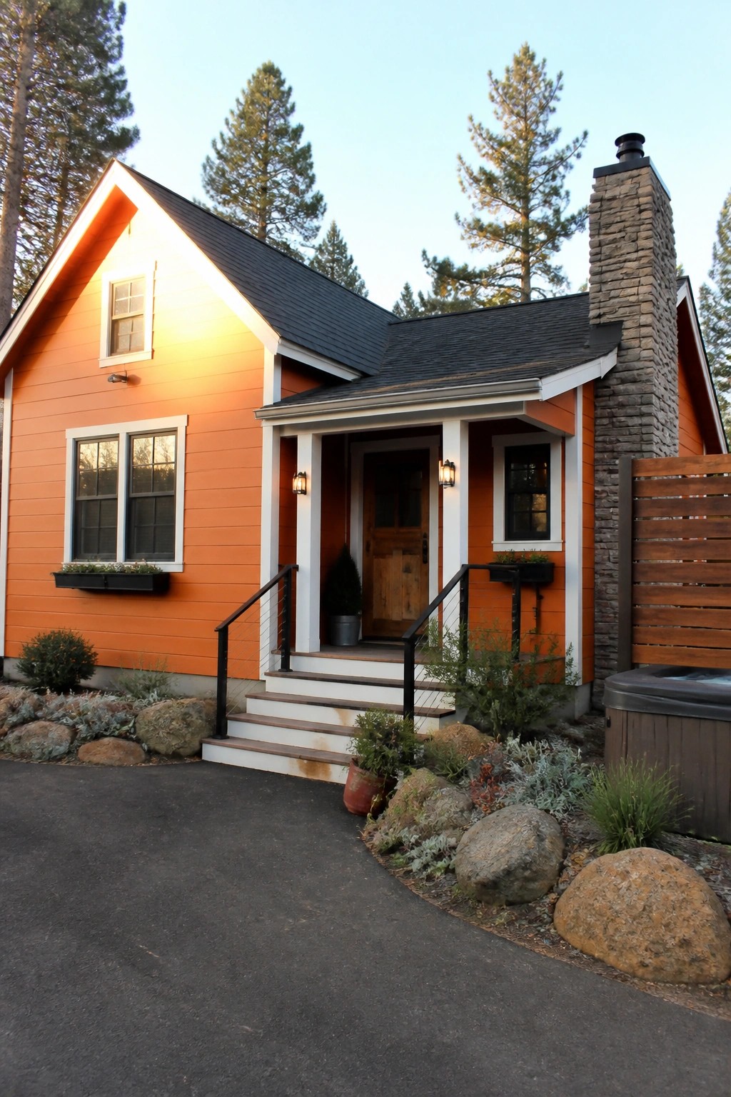 Orange house with stone chimney, front porch, steps, rocks, and pine trees.